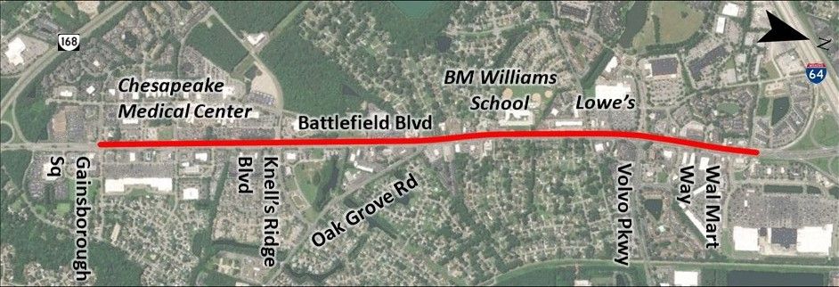 Study Corridor Map of Battlefield Boulevard between Wal Mart Way and Gainsborough Square