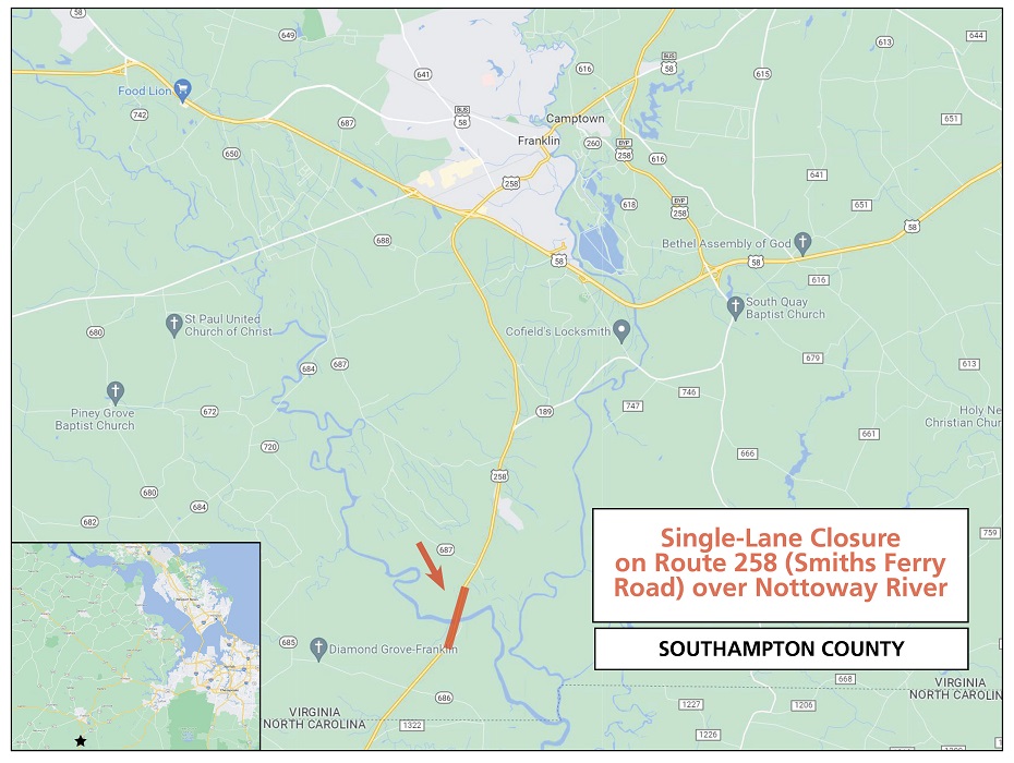 Map location of the Route 258 (Smiths Ferry Road) bridge over Nottoway River.