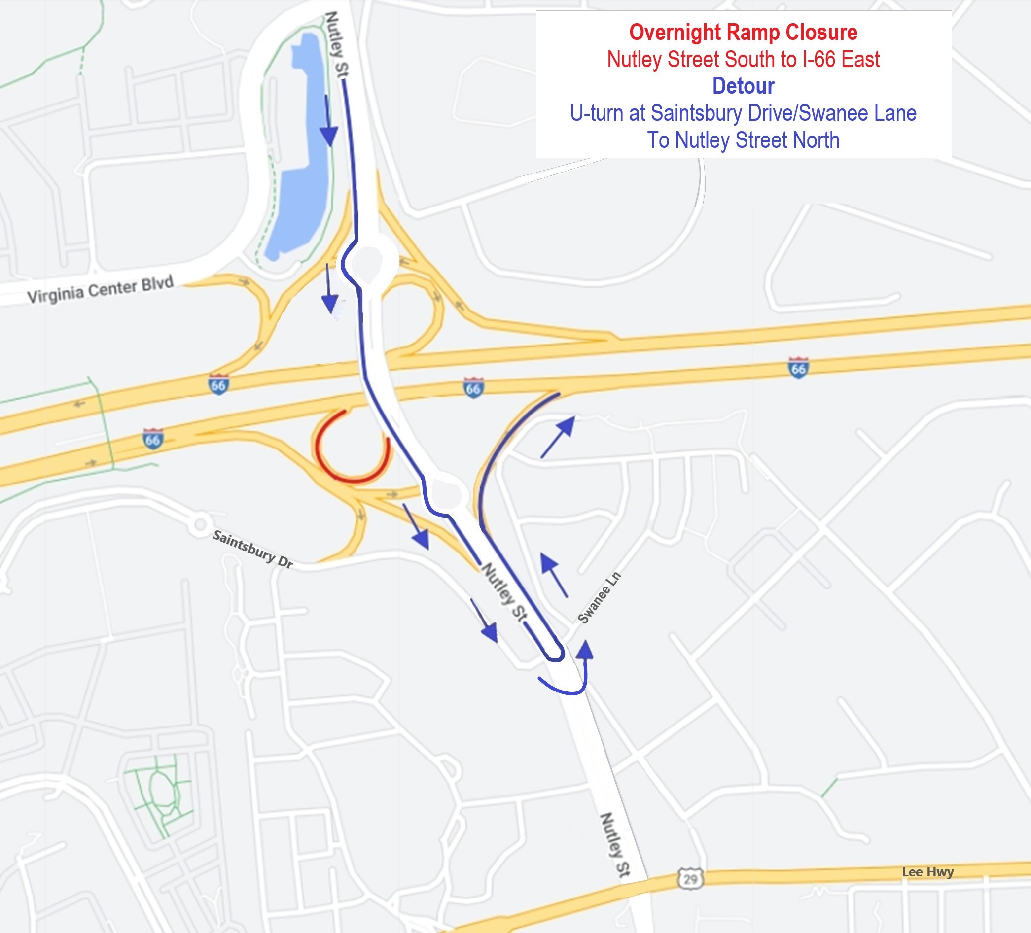 Detour map for ramp closure.