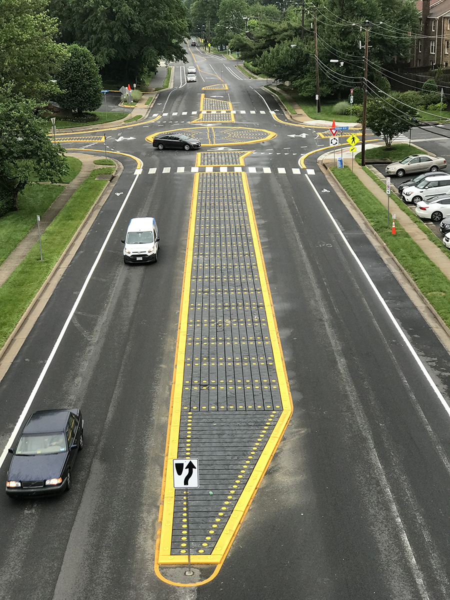 An example (constructed in Fairfax County) of the modular roundabout design coming soon at Otterdale Road and Hampton Park Drive in Chesterfield.